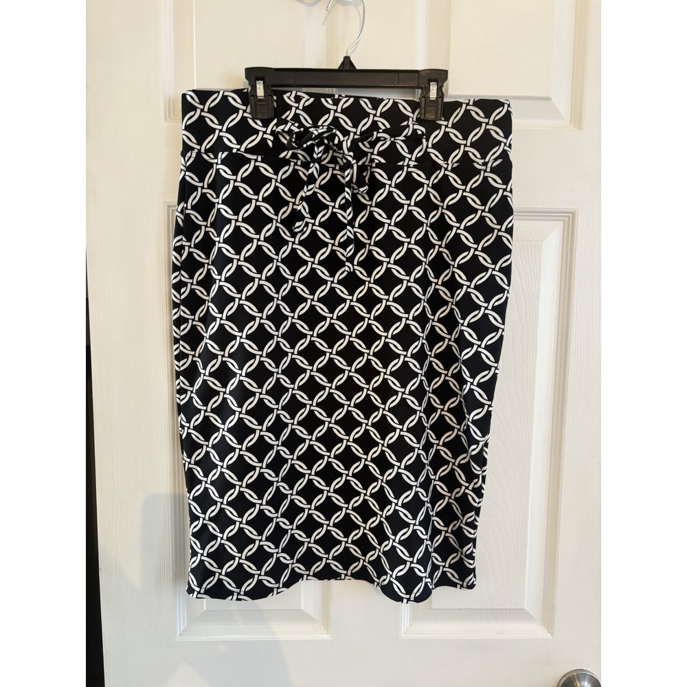 Black and White Stretch Midi Skirt Womens XL Geometric Print Tie Front